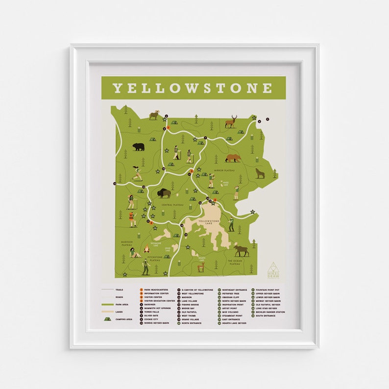 yellowstone national park map map print outdoors wall art