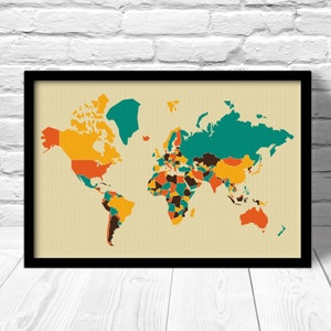 Carte du monde rétro, Carte Pop Art, Carte du monde de style moderne, carte du monde pour le décor à la maison, impression de carte d'art de bruit, EXPÉDITION LIBRE