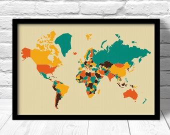 Pop Art World Map Print, Retro Style, Home Decor
