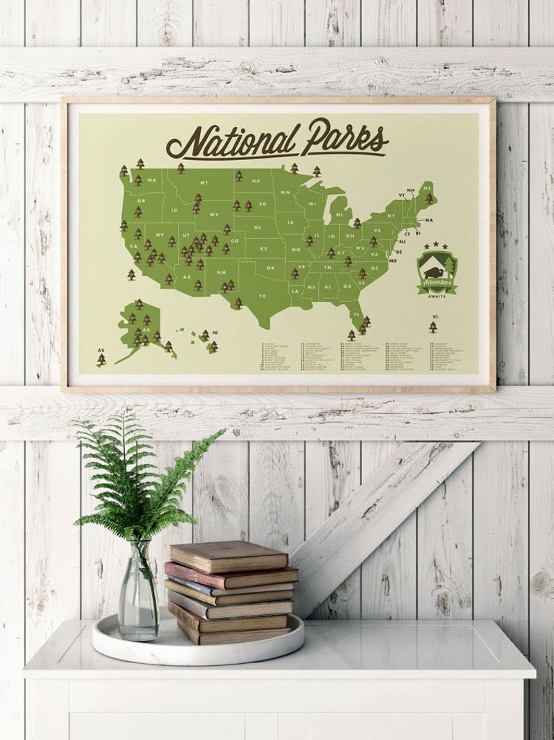National Park Map, Outdoor explorer gift, Hiking Art Print, Explorer map print, green home decor, 63 national parks image 1