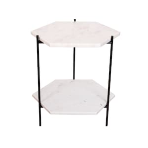 Natural marble side table / 2 tiered / 18” tall / metal legs