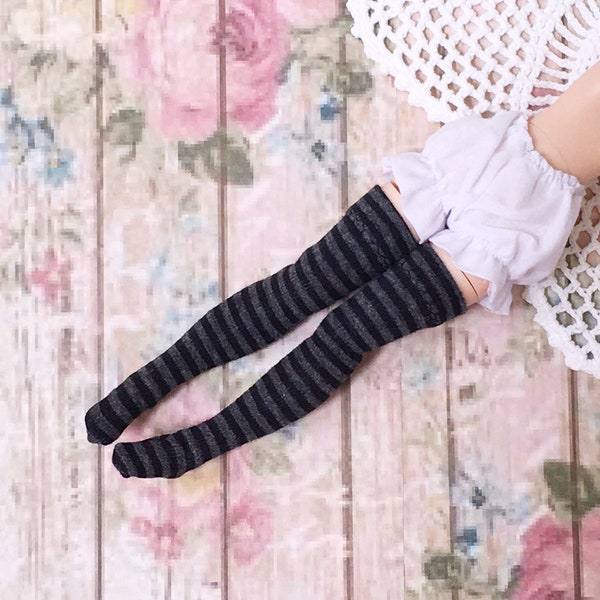 Blythe Doll thigh high stockings / grey & black stripe