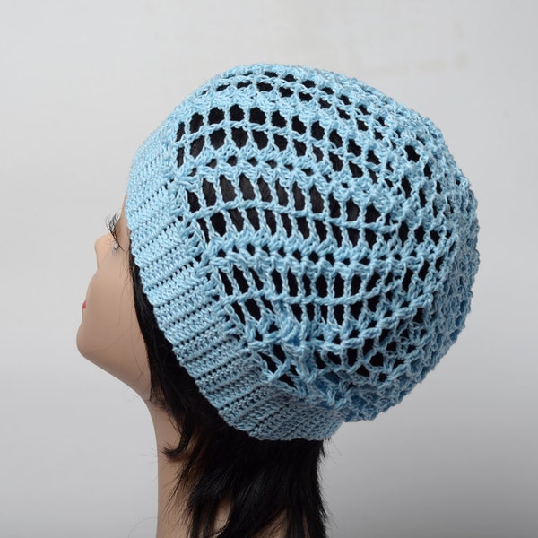Summer blue cotton crochet hat women's beret beanie hat