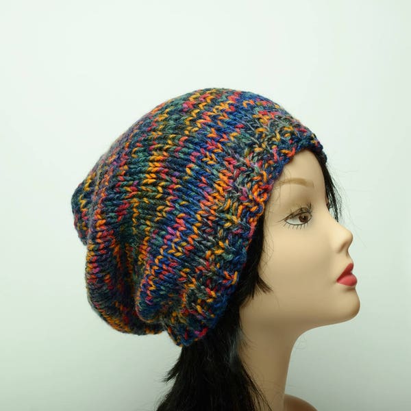 colorful beanie, multicolored slouchy hat, bright colors, womens hat, hipster hat, warm winter hat, hand knit, girlfriend gift for her