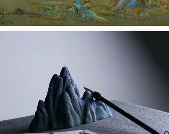 Porcelain Pen Holder | Hand Glazed Blue Green Mountain River Shape Brush Holder | Pen Rack Rest |  Japanese Orientalartmaterial Supply
