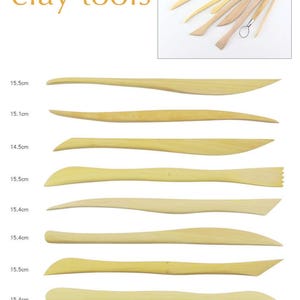 May include: Set of 10 wooden clay sculpting tools. The tools are various shapes and sizes, ranging from 14.5 to 15.5 cm in length. The tools are made of natural wood and have a light brown colour. The tools are arranged in a row, with the longest tool at the top and the shortest tool at the bottom. The tools are labelled with their length in centimetres. The text "orientalartmaterial" is visible at the bottom of the image.