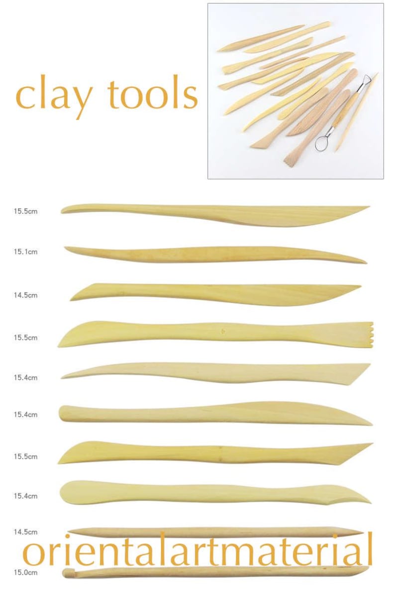 May include: Set of 10 wooden clay sculpting tools. The tools are various shapes and sizes, ranging from 14.5 to 15.5 cm in length. The tools are made of natural wood and have a light brown colour. The tools are arranged in a row, with the longest tool at the top and the shortest tool at the bottom. The tools are labelled with their length in centimetres. The text "orientalartmaterial" is visible at the bottom of the image.