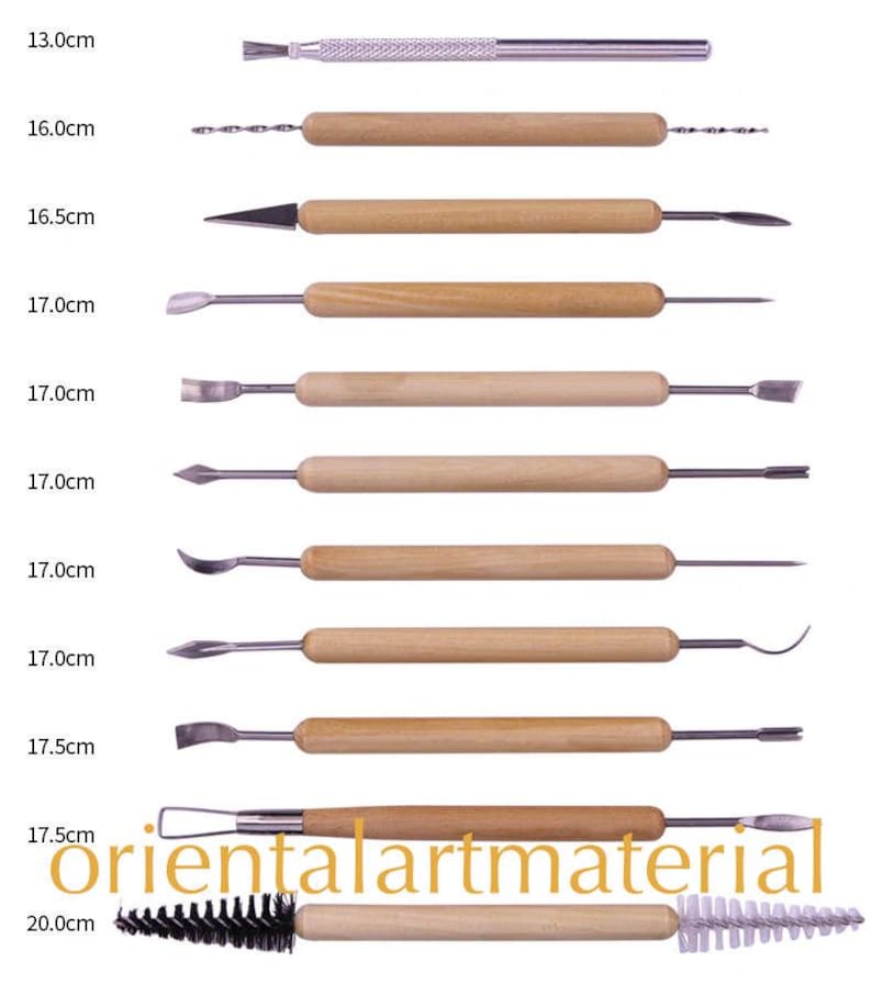 May include: Set of 10 sculpting tools with wooden handles and various metal tips. The tools range in size from 13.0 cm to 20.0 cm.  The tools are arranged vertically with the longest tool at the bottom and the shortest tool at the top.  The tools are all made of metal and wood.  The tools are all different shapes and sizes.  The tools are all used for sculpting.