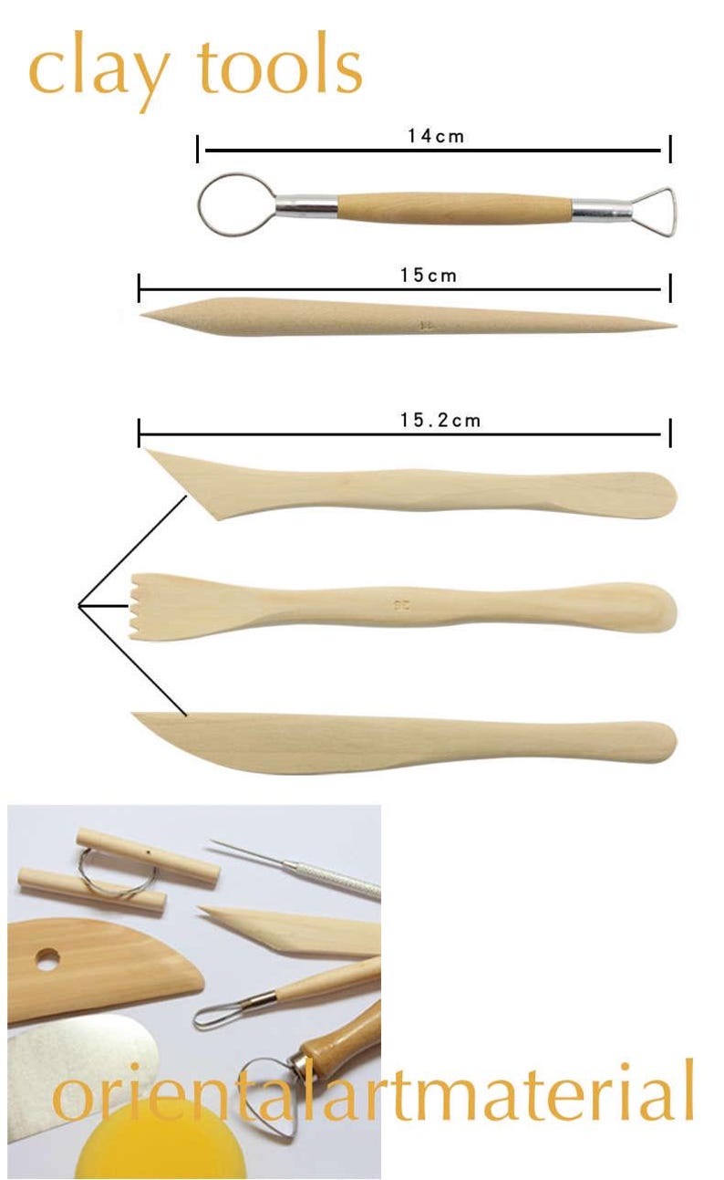 May include: Set of 7 wooden clay sculpting tools. The tools include a loop tool, a needle tool, a paddle tool, a rib tool, a scraper, a modelling tool, and a smoothing tool. The tools are all made of natural wood and are approximately 14-15 cm in length. The tools are displayed on a white background with the text "clay tools" and "orientalartmaterial" printed on the image.