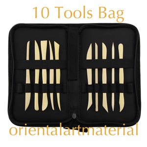 May include: Black zipped case containing 10 tools for sculpting clay. The case has two rows of slots to hold the tools. The tools are made of wood and come in various shapes and sizes. The case has the text "10 Tools Bag" printed on the front and "orientalartmaterial" printed on the bottom.