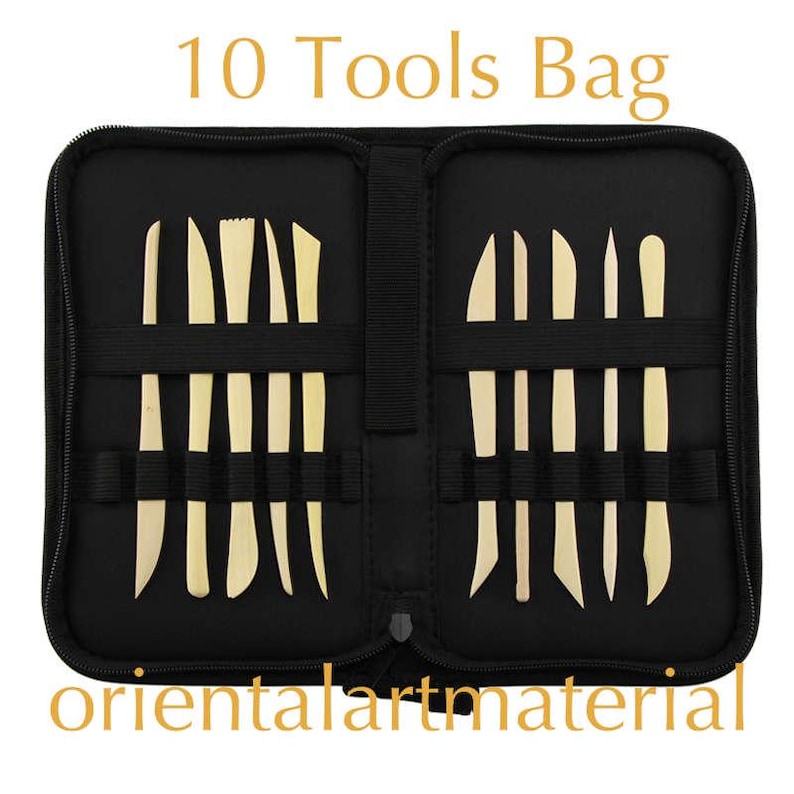 May include: Black zipped case containing 10 tools for sculpting clay. The case has two rows of slots to hold the tools. The tools are made of wood and come in various shapes and sizes. The case has the text "10 Tools Bag" printed on the front and "orientalartmaterial" printed on the bottom.
