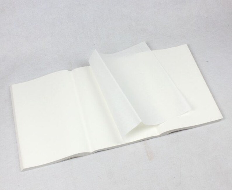 May include: An open notebook with a soft, off-white cover and several pages turned. The pages are bright white, and the notebook lies flat on a light grey surface. The notebook appears to be unused.