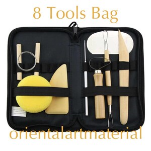 May include: Black zippered pouch containing 8 tools for sculpting clay. The tools include a wooden scraper, a wooden loop tool, a wooden rib tool, a metal needle tool, a metal loop tool, a metal wire, a sponge, and a wooden paddle.