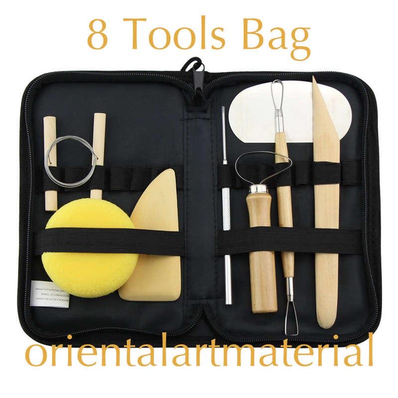 May include: Black zippered pouch containing 8 tools for sculpting clay. The tools include a wooden scraper, a wooden loop tool, a wooden rib tool, a metal needle tool, a metal loop tool, a metal wire, a sponge, and a wooden paddle.