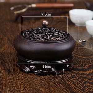 EBONY WOOD CENSER Natural African  | Handmade Carved Incense Burner |  Solid Brass Lid | With Base | Orientalartmaterial Calligraphy Supply