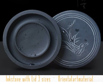 INKSTONE NATURAL STONE with Lid | 3 sizes with Ink Stick | 3 4 5 inches | Orientalartmaterial Calligraphy Supply