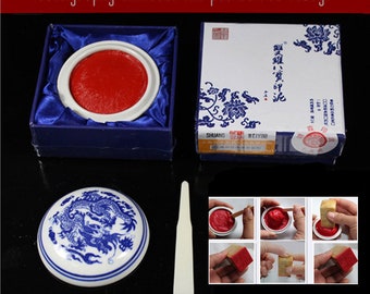 Red Cinnabar Ink Paste: Vermillion Seal Ink with Blue White Porcelain Bowl