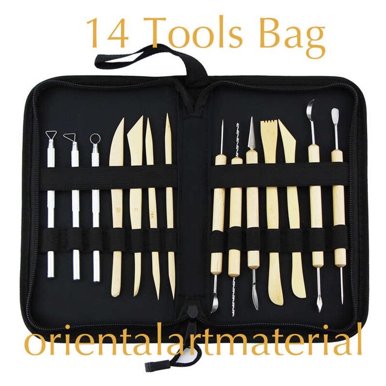 May include: A black zippered pouch containing 14 tools for sculpting clay. The tools are made of metal and wood and are arranged in rows in the pouch. The pouch has the text "14 Tools Bag" printed on the front and "orientalartmaterial" printed on the bottom.