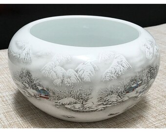 Free Shipping Ergonomic Calligraphy Ceramic White Antique Relief Pen Wash Brush Water Bowl 16.5x8.4cm 0044 Orientalartmaterial Supply