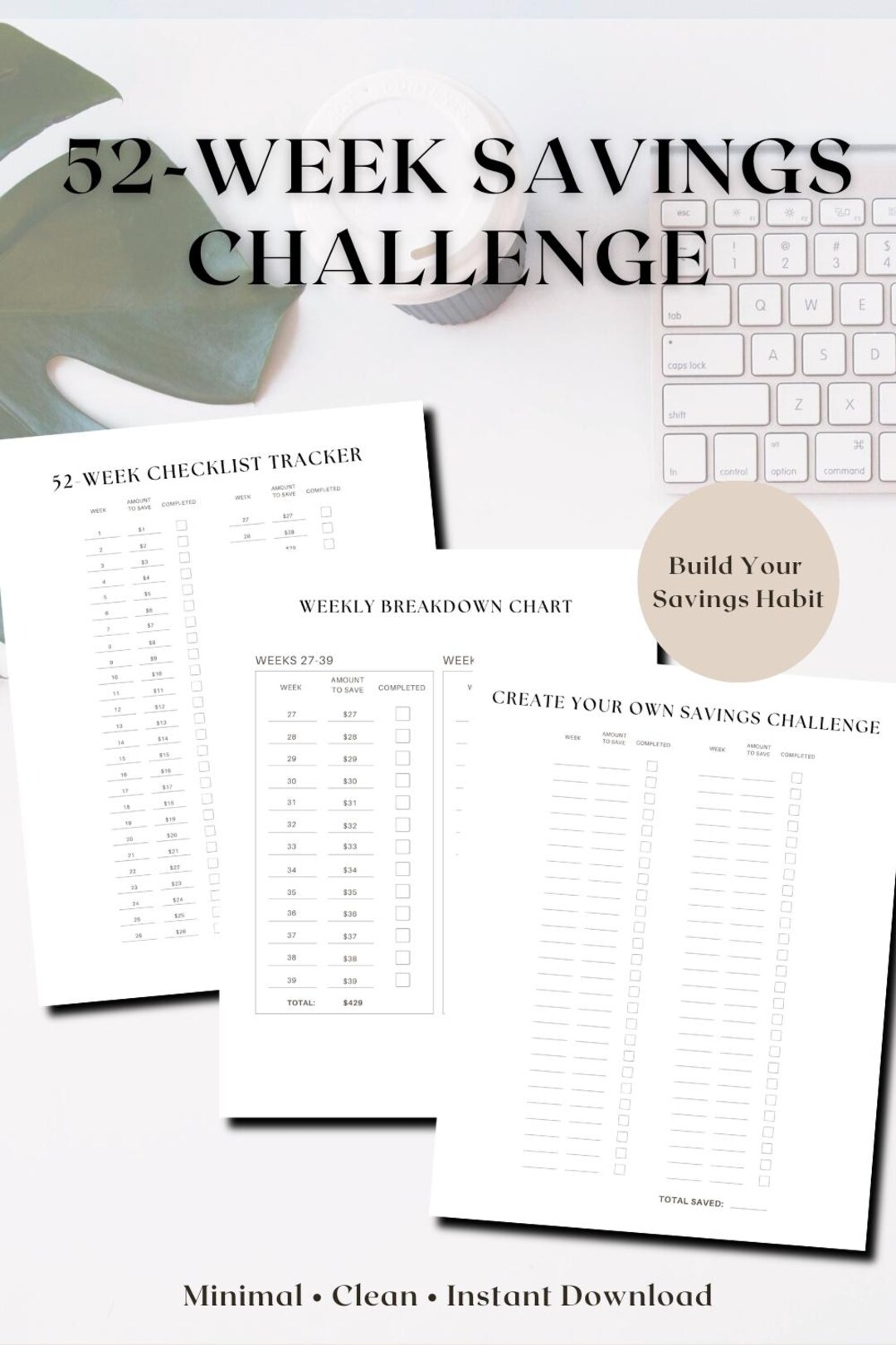 52 Week Savings Challenge Printable | Save Money | Budget Planner ...