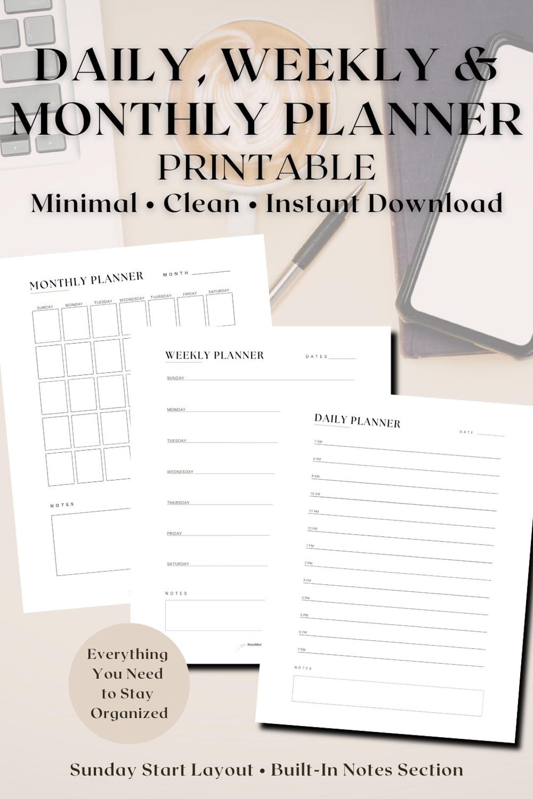 Minimalist Planner Printable Bundle PDF | Daily Weekly Monthly ...