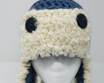 Trapper hat, blue with cream trim, child size