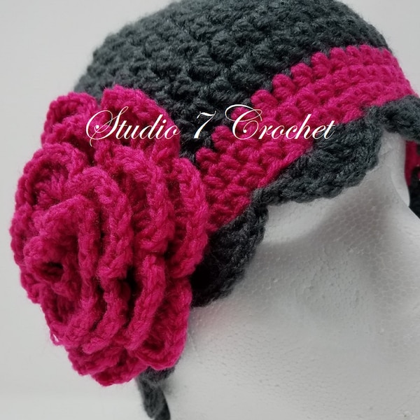 Flapper hat in charcoal gray and pink (fuscia), child size