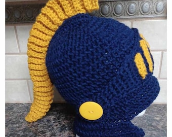 Greek partan helmet, blue and gold, hand crocheted