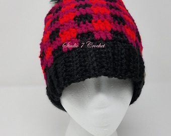 Plaid beanie with black pom pom, large adult size