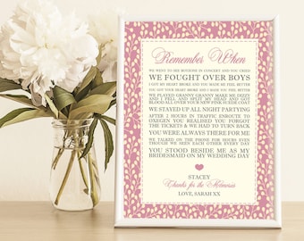 Beautiful Unique Personalised Memory Print, Remember When - Personalised Bridesmaid, Birthday, Best Friend, Wedding Gift