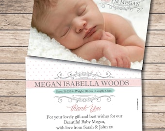 Birth / Baby Announcement - Personalised Baby Thank You Card - Printable File - Digital Download - New Baby - Baby Stats