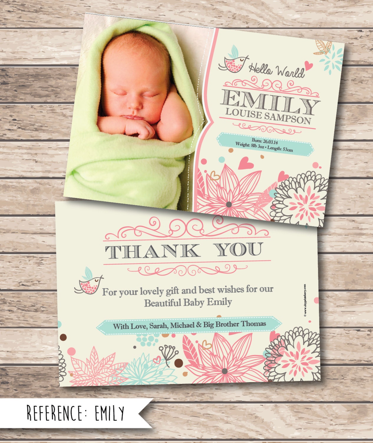 Birth Announcement Baby Thank You Card Printable File Etsy