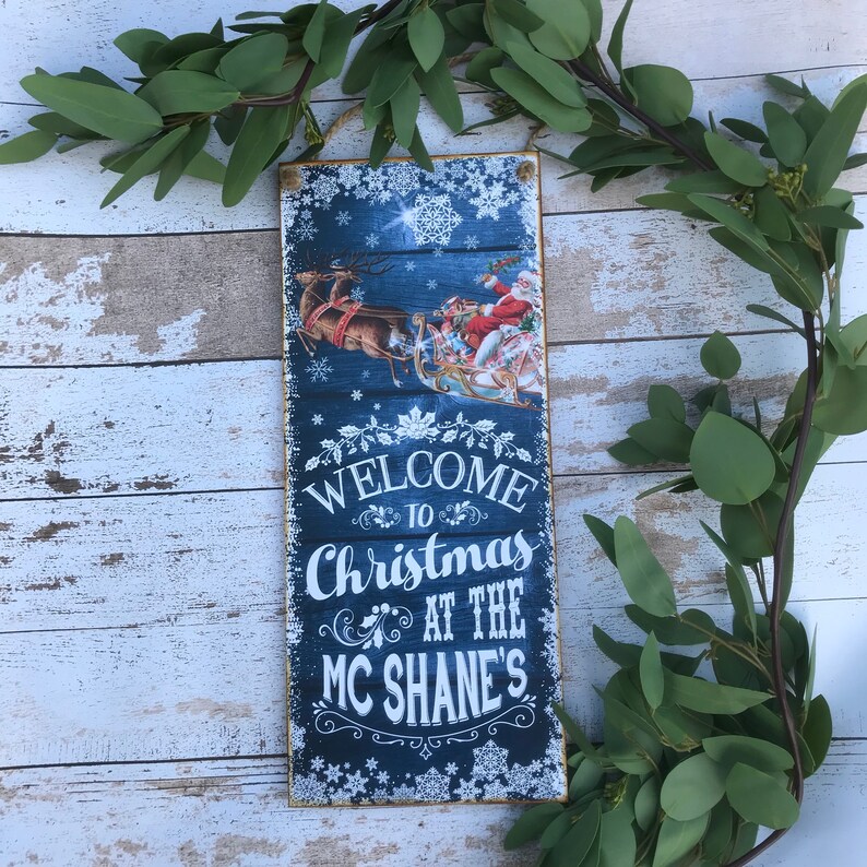 Christmas Sign, Christmas Ornament, Personalised Christmas Decoration, Rustic Christmas Decor, Christmas Quote Welcome to (Blue)