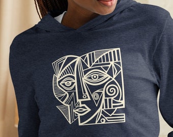 Artsy Cubism Womens Face Unisex Hooded long-sleeve tee, Abstract Face Long Sleeve Tee