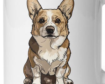 May include: White ceramic mug featuring a detailed illustration of a Pembroke Welsh Corgi dog. The dog is depicted in a sitting position with brown, white, and tan fur. The mug has a curved handle and a glossy finish.