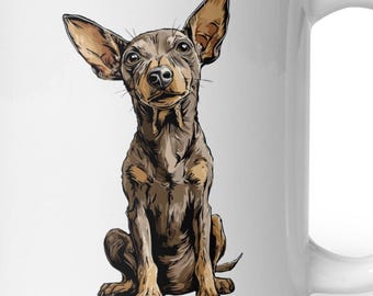 May include: A white ceramic mug featuring a detailed, centered illustration of a brown and tan dog with large, upright ears. The dog is depicted in a sitting position, facing forward with a focused expression, rendered in a realistic art style.