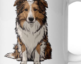 May include: White ceramic mug featuring a detailed illustration of a Sheltie dog. The dog is depicted in shades of brown, white, and black, sitting upright. The mug has a curved handle and a glossy finish, suitable for hot beverages.