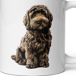 May include: White ceramic mug featuring a brown and tan illustrated dog. The dog is sitting with its front paws forward. The mug has a white handle and a glossy finish. The dog's fur is detailed with shading.