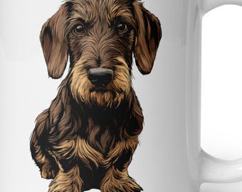 May include: A white ceramic mug featuring a detailed illustration of a wire-haired dachshund with brown and tan fur. The dog is depicted in a seated position, facing forward with its ears hanging down and a textured coat visible on its body.