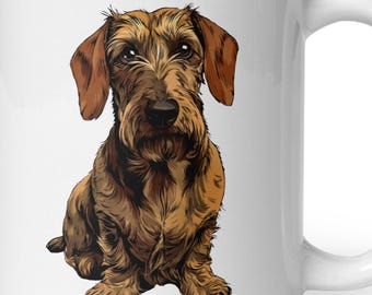 May include: A white ceramic mug featuring a detailed, colorful illustration of a wire-haired dachshund dog sitting upright. The dog has a textured brown coat, long floppy ears, and a focused expression, centered on the front of the mug.