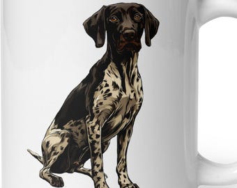 May include: A white ceramic mug featuring a detailed illustration of a German Shorthaired Pointer dog. The dog is depicted in a sitting position with a dark brown head and ears, and a white body covered in dark brown spots and patches.