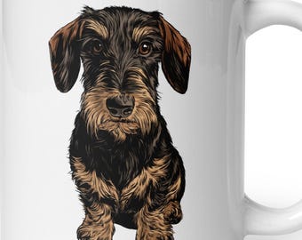 May include: A white ceramic mug featuring a detailed illustration of a wire-haired dachshund. The dog has a black and tan coat with a textured, shaggy appearance, long floppy ears, and brown eyes, centered on the front of the cylindrical mug.