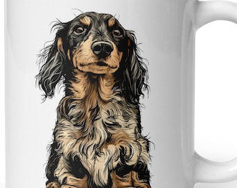 May include: A white ceramic mug featuring a detailed illustration of a long-haired dachshund with black, tan, and cream-colored fur. The dog is depicted in a seated position, facing forward with its ears hanging down and a focused expression.