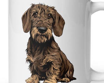 May include: A white ceramic mug featuring a detailed illustration of a brown wire-haired dachshund sitting upright. The dog has a shaggy coat, long floppy ears, and a dark nose, centered on the front of the smooth, cylindrical drinking vessel.