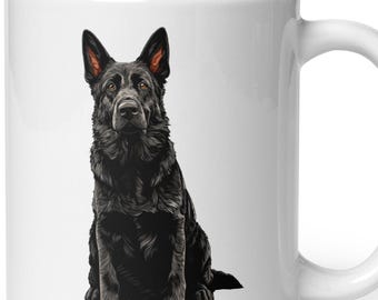 May include: A white ceramic mug featuring a detailed illustration of a solid black German Shepherd dog sitting in a focused pose. The dog has pointed ears, dark eyes, and a thick coat, centered on the front of the smooth, cylindrical mug.
