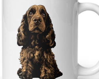 May include: A white ceramic mug featuring a detailed illustration of a brown Cocker Spaniel dog sitting upright. The dog has long, wavy ears, dark expressive eyes, and a textured coat rendered in various shades of brown and black.
