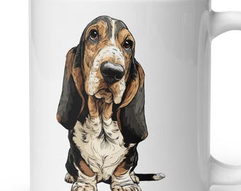 May include: A white ceramic mug featuring a detailed illustration of a Basset Hound dog. The dog has long, drooping ears, a tri-color coat of black, brown, and white, and is depicted in a seated position with a focused, forward-facing expression.