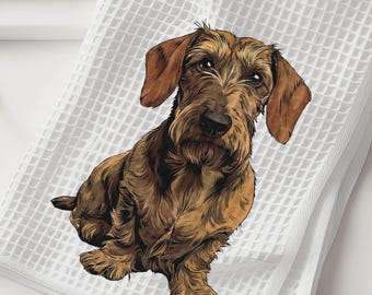 May include: A white waffle-weave kitchen towel featuring a detailed illustration of a brown wire-haired dachshund. The dog is depicted in a seated position with its head turned toward the viewer, showcasing its textured coat and long ears.