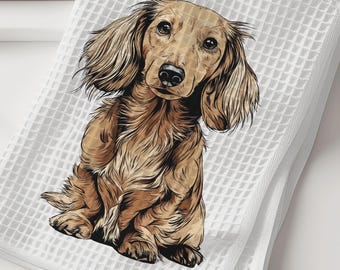 Long Haired Dachshund Dish Towel - Blonde Long Haired Dachshund Dog Kitchen Towel - Waffle Weave Towel