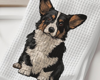 May include: White waffle-weave kitchen towel featuring a detailed illustration of a Pembroke Welsh Corgi dog. The dog has black, white, and brown fur. The towel is folded and sits on a white surface.